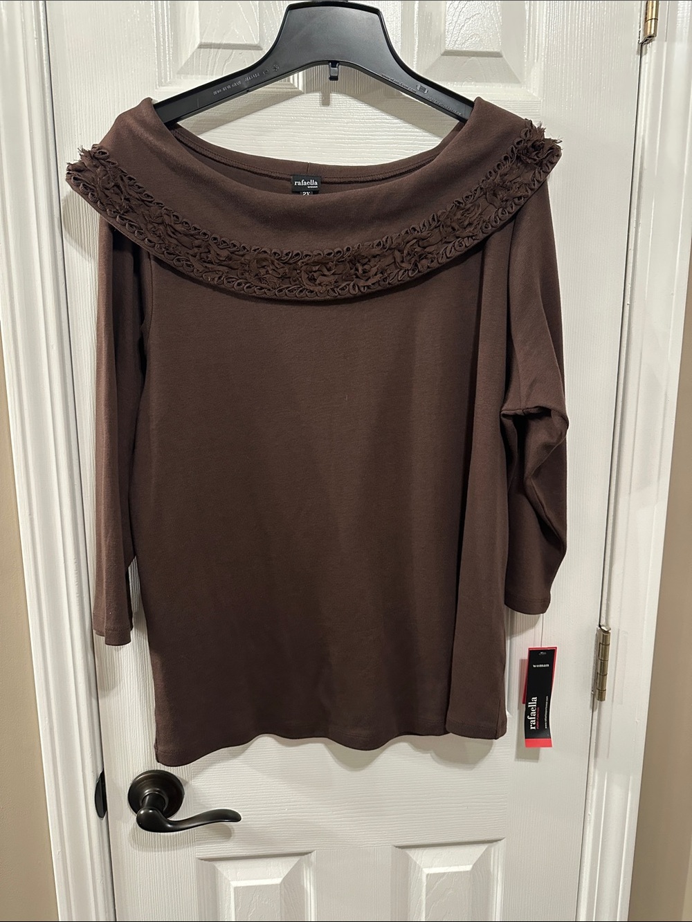 Talbots Chocolate Brown Off-Shoulder Boatneck Top with Floral Trim